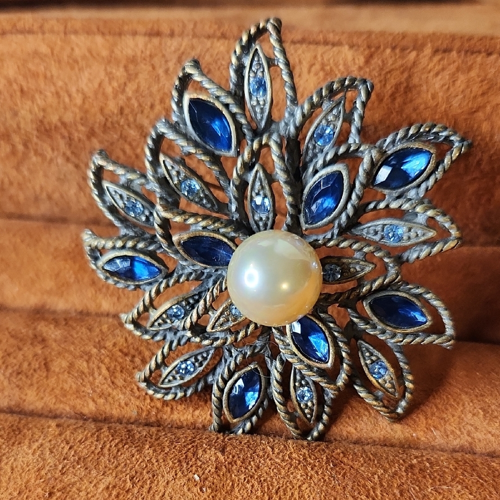 🔥 Pearl | Blue Rhinestones | Brooch | Pewter | Vintage